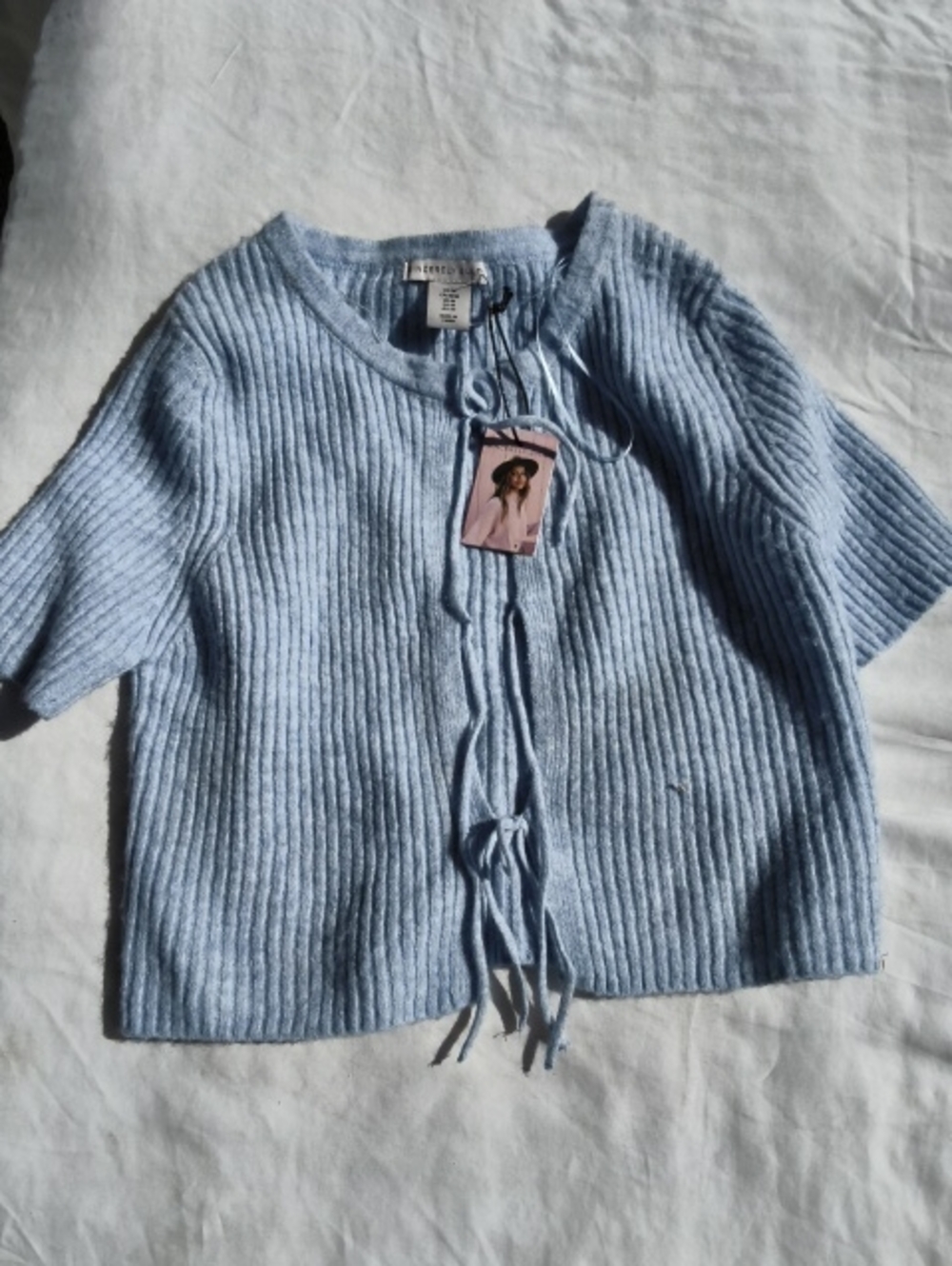 Preppy Pastel Blue Med Sweater Short Sleeve With 3 Peek Bows In Front NWT